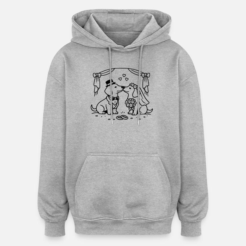 Art au trait de mariage teckel - Sweat à capuche oversize unisexe - gris chiné