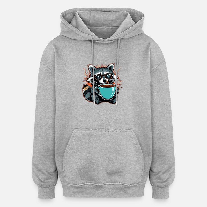 Überforderter Waschbär mit Kaffee - Oversized Unisex Hoodie - Grau meliert