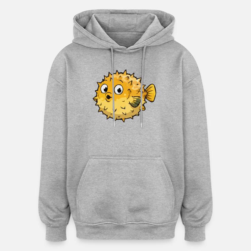 Dessin animé sphérique du poisson-globe - Sweat à capuche oversize unisexe - gris chiné