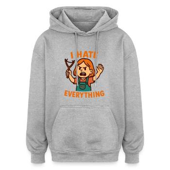 Ich hasse alles – Wütendes Kind mit Schleuder - Oversized Unisex Hoodie - Grau meliert - Vorne - Noah (186cm)
