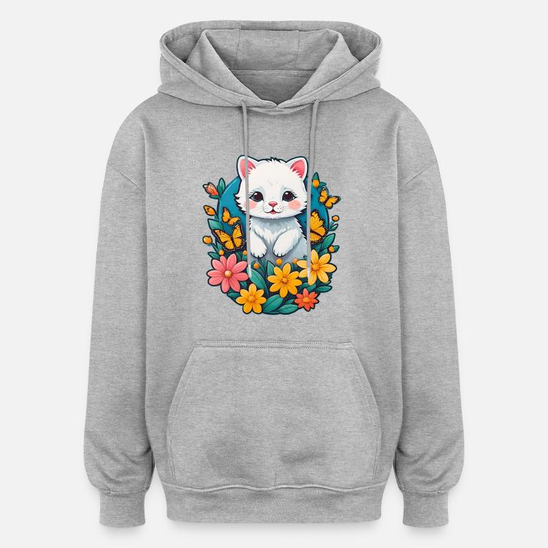 Chaton blanc à fleurs - Sweat à capuche oversize unisexe - gris chiné
