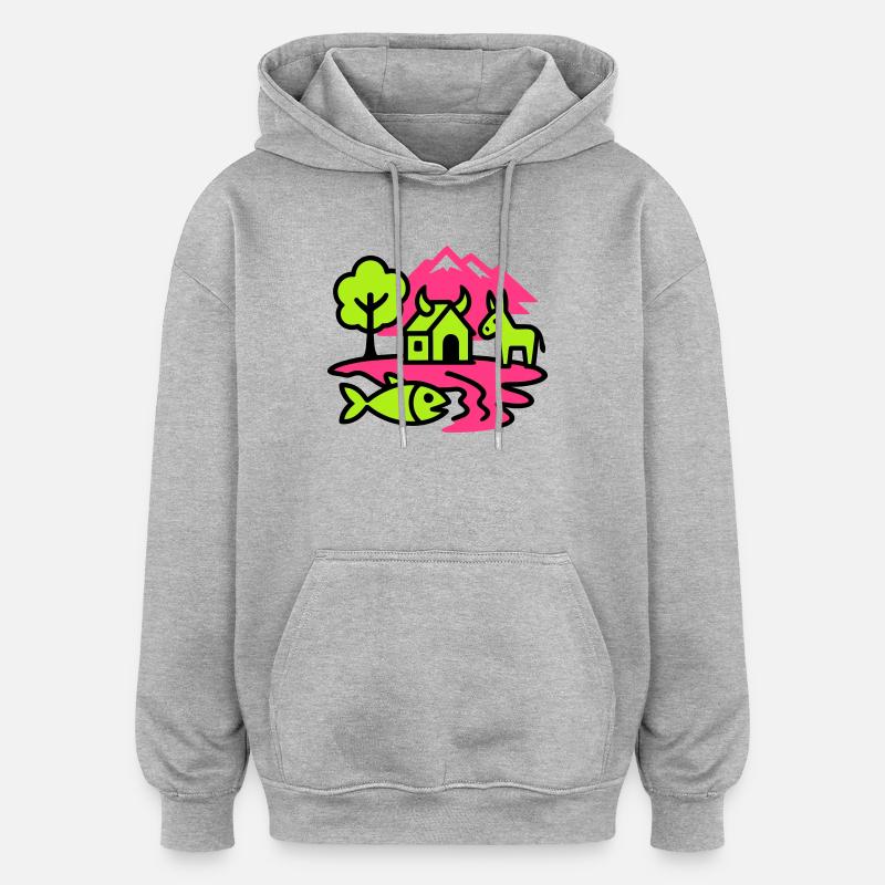 Paysage naïf Pop Art - Sweat à capuche oversize unisexe - gris chiné
