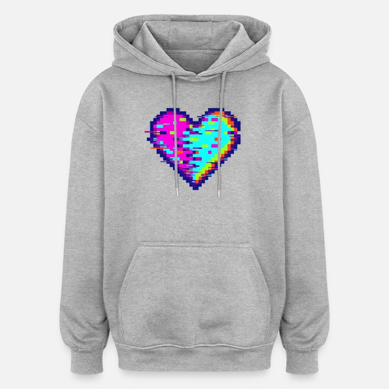 Cœur Glitch Pixel Néon Amour - Sweat à capuche oversize unisexe - gris chiné