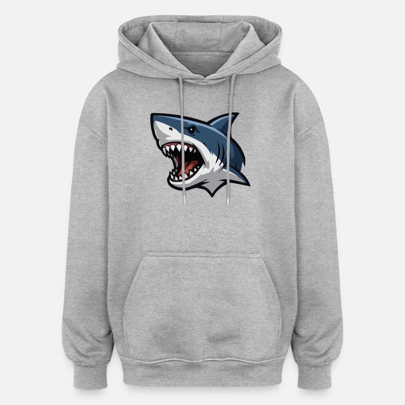 Angry Shark Head Cartoon Print - Oversized Unisex Hoodie - heather grey