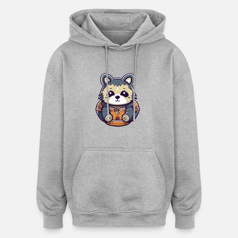 Raton laveur - Style Kawaii - Sweat à capuche oversize unisexe - gris chiné