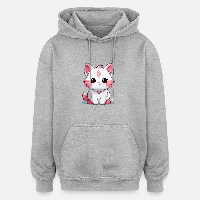 Chat - Style Kawaii - Sweat à capuche oversize unisexe - gris chiné