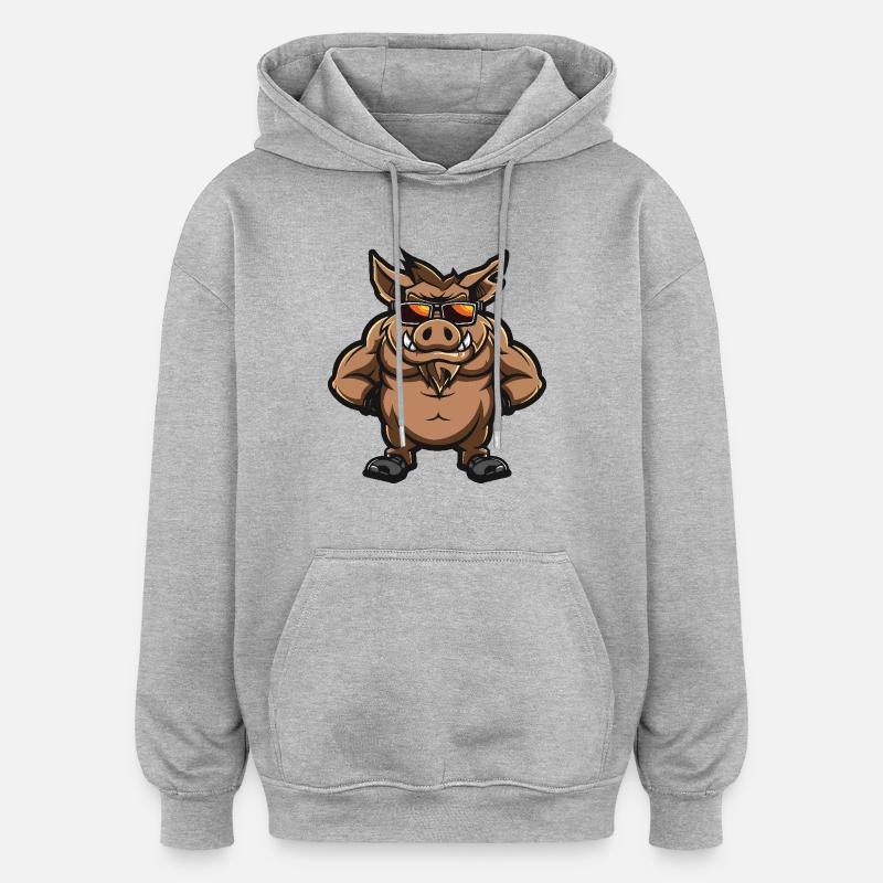 Sanglier Cochon Bande Dessinée Cool - Sweat à capuche oversize unisexe - gris chiné