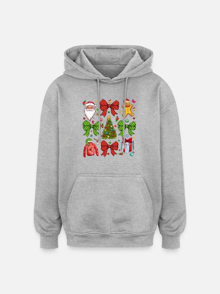 Christmas Coquette Bow, Christmas Tree - Oversized Unisex Hoodie - heather grey