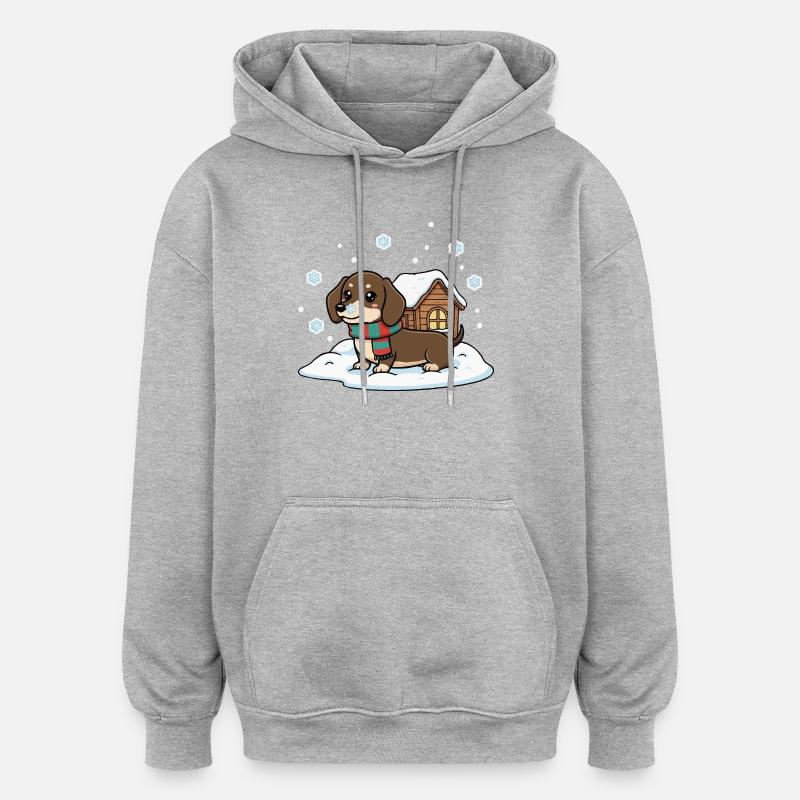 Teckel dans la neige - Sweat à capuche oversize unisexe - gris chiné