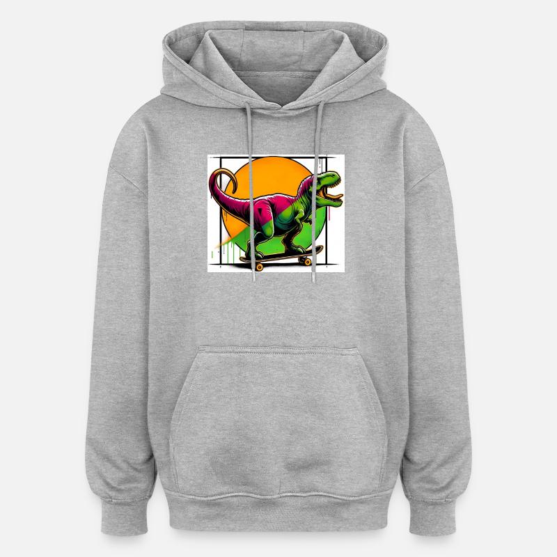Dinosaure sur Skateboard - Sweat à capuche oversize unisexe - gris chiné