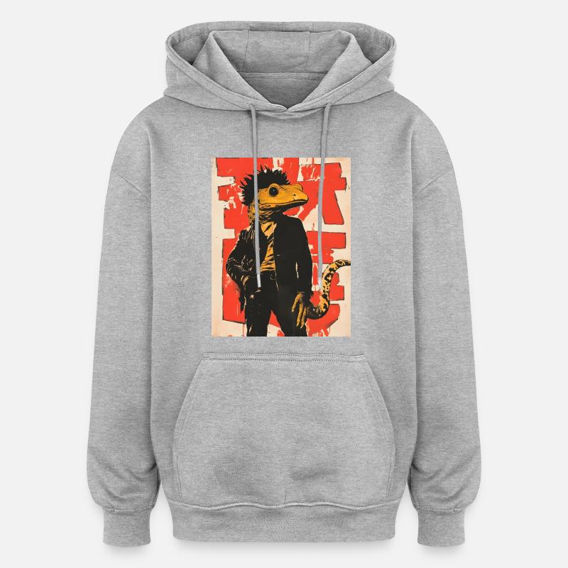 Dino Gecko Punk mit Graffiti - Oversized Unisex Hoodie - Grau meliert