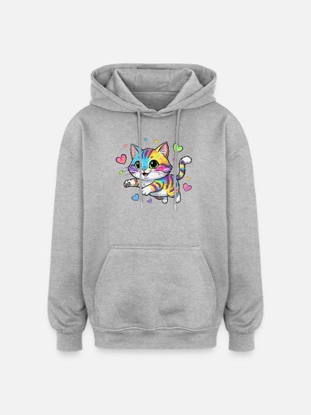 Rainbow Cat with Hearts - Oversized Unisex Hoodie - heather grey