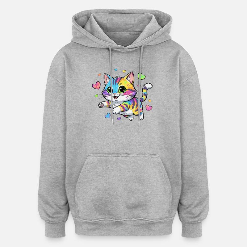 Rainbow Cat with Hearts - Oversized Unisex Hoodie - heather grey