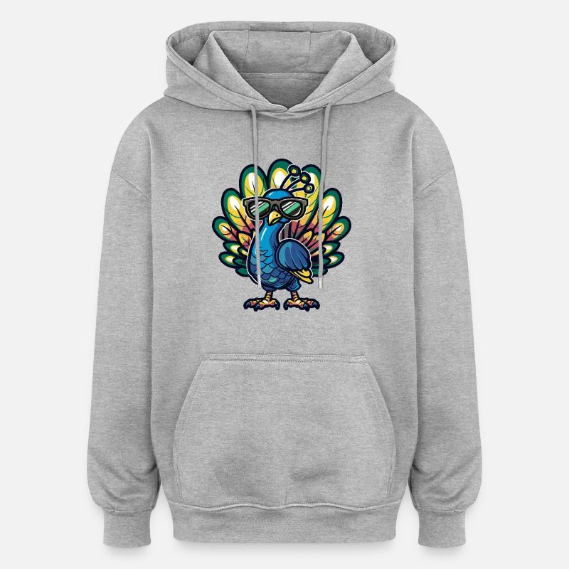 Oiseau paon bande dessinée cool - Sweat à capuche oversize unisexe - gris chiné