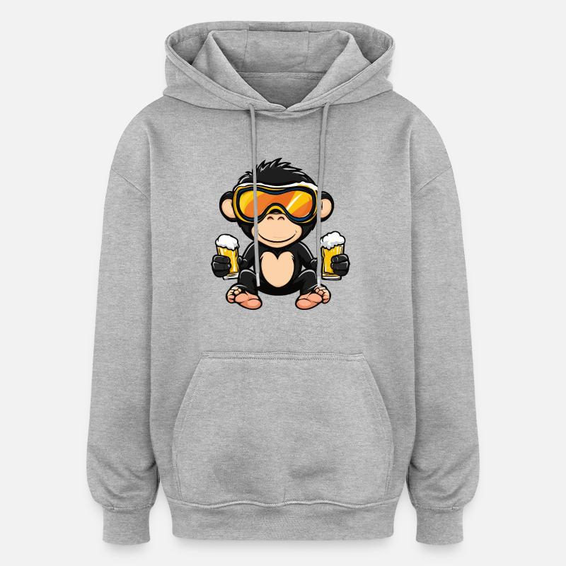 Monkey Après-Ski Bière Bande dessinée - Sweat à capuche oversize unisexe - gris chiné