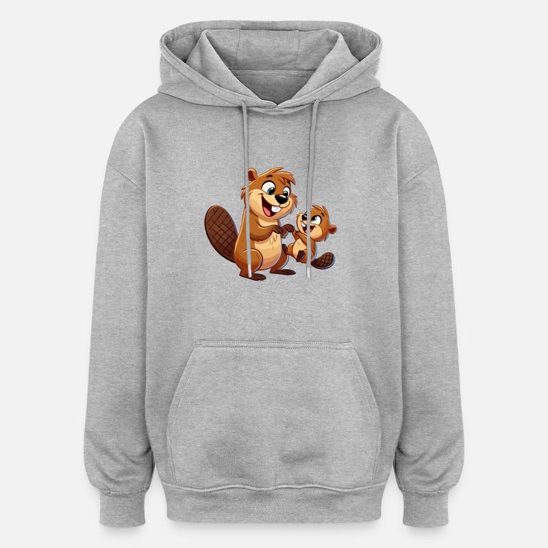 Bibermutter mit herumtollendem Kind - Oversized Unisex Hoodie - Grau meliert