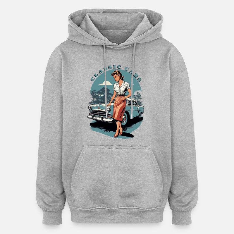 Voitures de collection 1950 - Sweat à capuche oversize unisexe - gris chiné