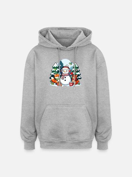 Cozy Snowman with Winter Friends - Oversized Unisex Hoodie - heather grey