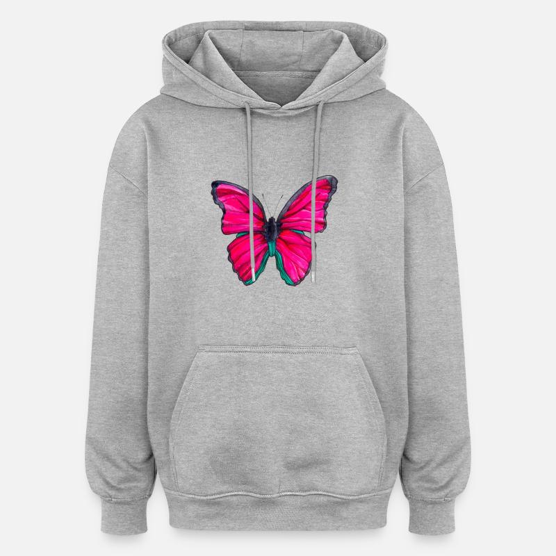 Papillon rose - Sweat à capuche oversize unisexe - gris chiné