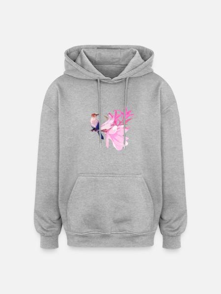 Vogel mit Blüten - Oversized Unisex Hoodie - Grau meliert