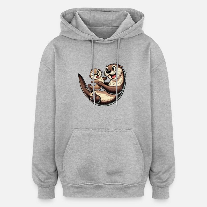 Fischotter-Mutter mit herumtollendem Kind - Oversized Unisex Hoodie - Grau meliert