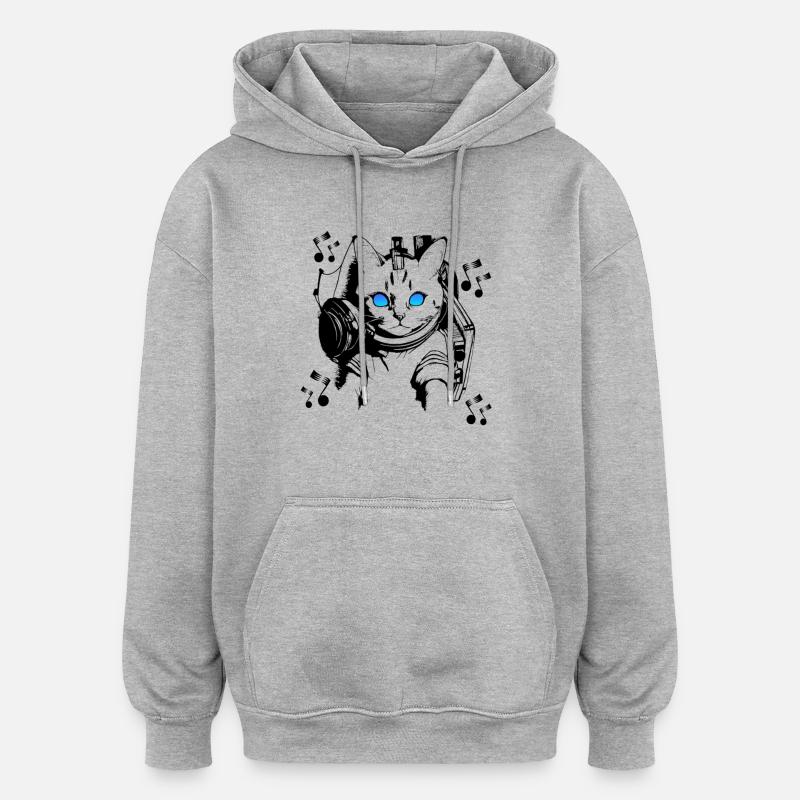 DJ chat avec écouteurs - Sweat à capuche oversize unisexe - gris chiné