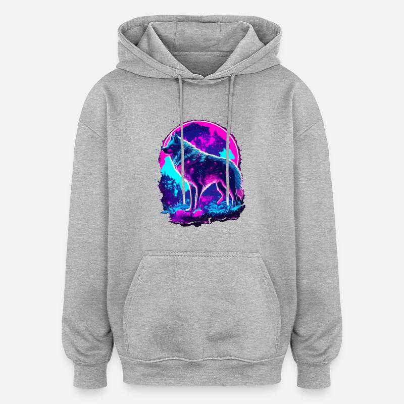 Wolf’s Art Synthwave Néon Psychédélique - Sweat à capuche oversize unisexe - gris chiné