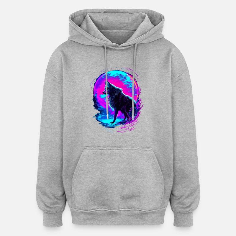 Wolf Neon Moon Synthwave - Sweat à capuche oversize unisexe - gris chiné