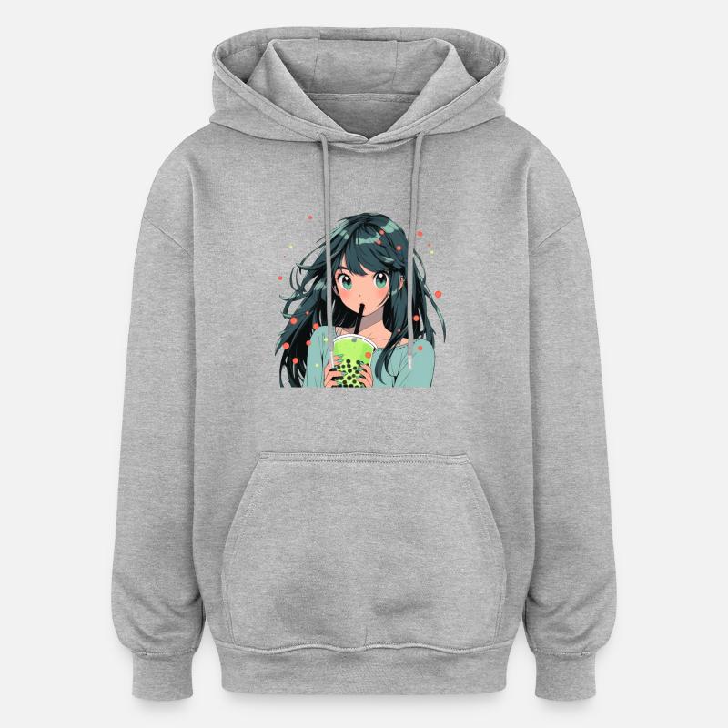 Anime et Boba Bubble Tea - Sweat à capuche oversize unisexe - gris chiné