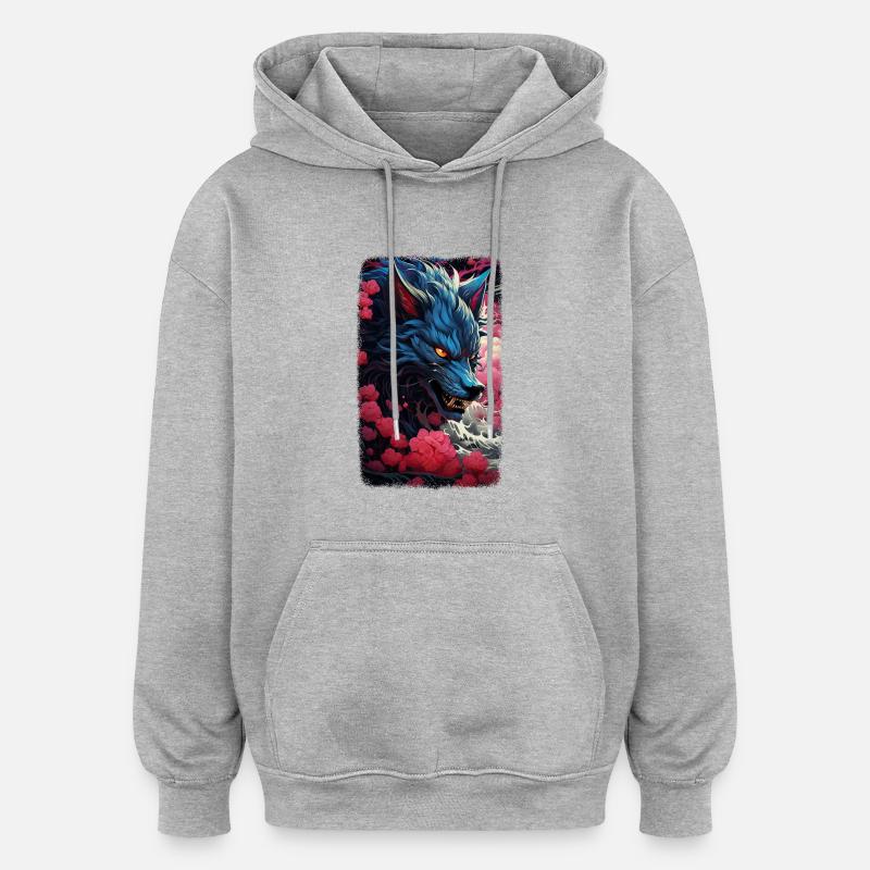 Loup Renard Esthétique Japonais Kitsune - Sweat à capuche oversize unisexe - gris chiné