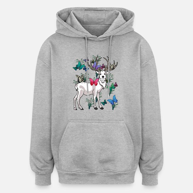 cerfs printemps papillons fleurs nature - Sweat à capuche oversize unisexe - gris chiné