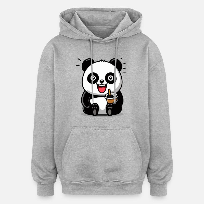 Panda mignon avec boisson - Sweat à capuche oversize unisexe - gris chiné
