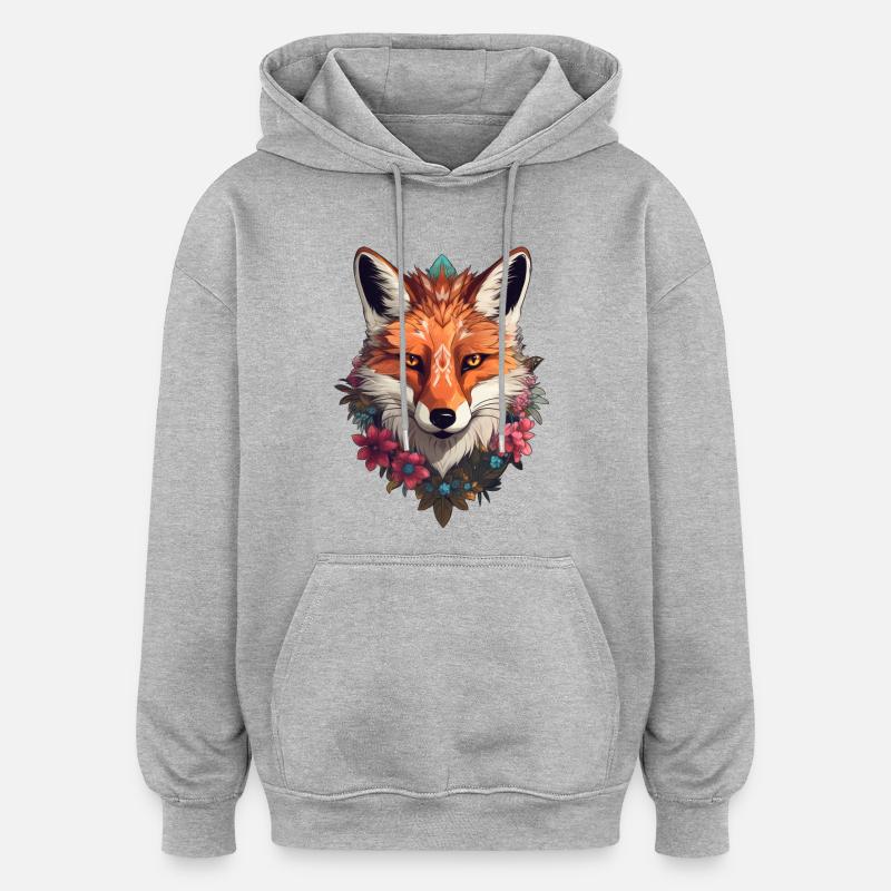 Renard avec des fleurs - Sweat à capuche oversize unisexe - gris chiné