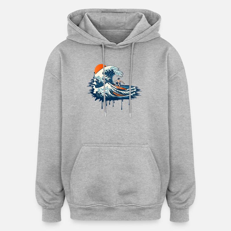 Dynamic Surf Illustration on Powerful Wave - Oversized Unisex Hoodie - heather grey