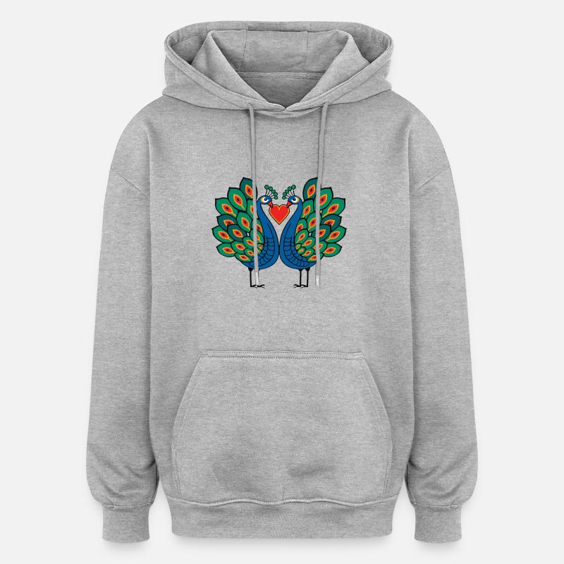 Couple d’oiseau paon e Saint-Valentin - Sweat à capuche oversize unisexe - gris chiné