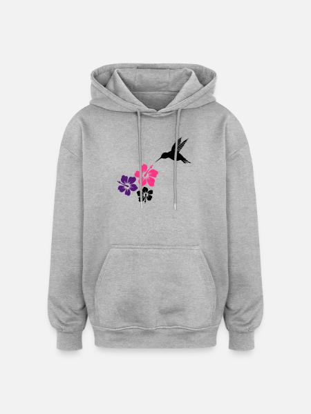 Colibri avec des fleurs d'hibiscus - Sweat à capuche oversize unisexe - gris chiné