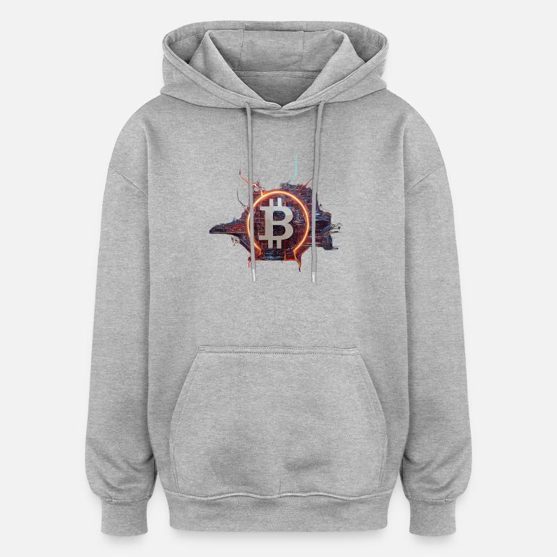 Conception cyber-moderne du Bitcoin - Sweat à capuche oversize unisexe - gris chiné