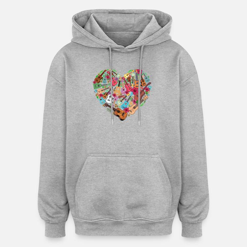 Cœur uké en ukulélé hawaïen - Sweat à capuche oversize unisexe - gris chiné