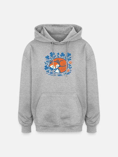 Schlafender Fuchs im Blumen-Nachtgarten - Oversized Unisex Hoodie - Grau meliert