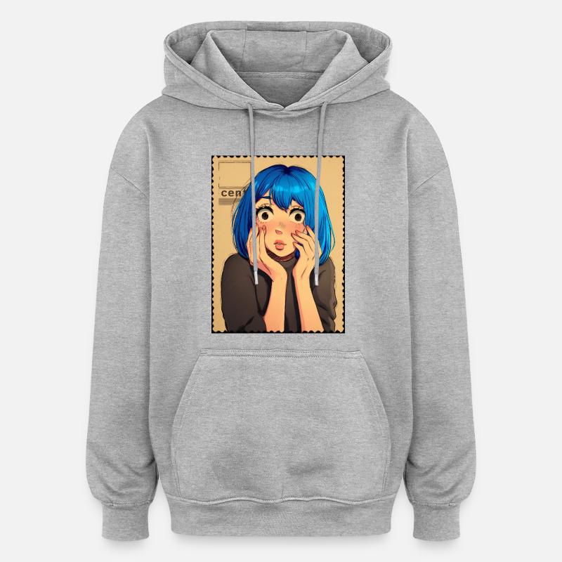 Portrait surprise aux cheveux bleus - Sweat à capuche oversize unisexe - gris chiné