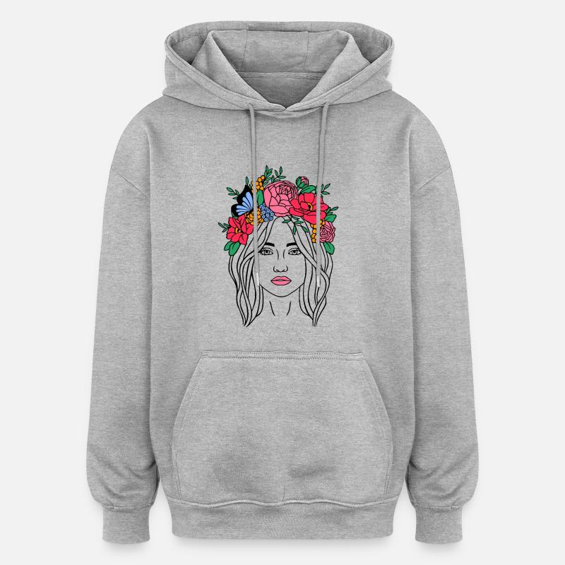 Femme Bohème à la Fleur - Sweat à capuche oversize unisexe - gris chiné