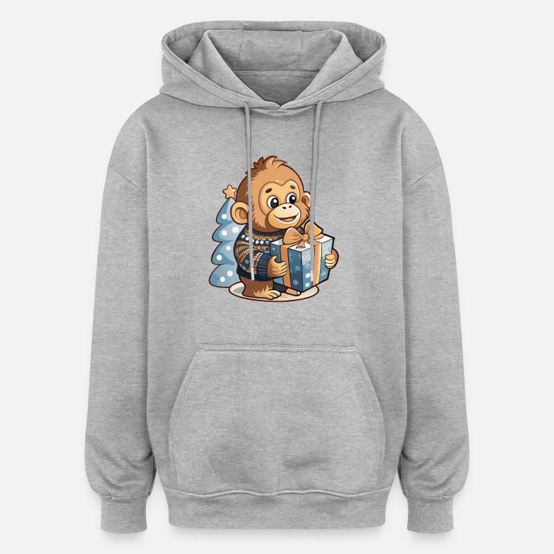 Mignon orang-outan déballant cadeau - Sweat à capuche oversize unisexe - gris chiné