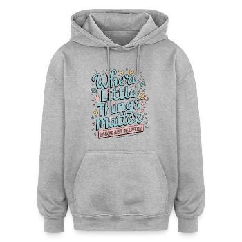 Große Momente im Kreißsaal - Oversized Unisex Hoodie - Grau meliert - Vorne - Noah (186cm)