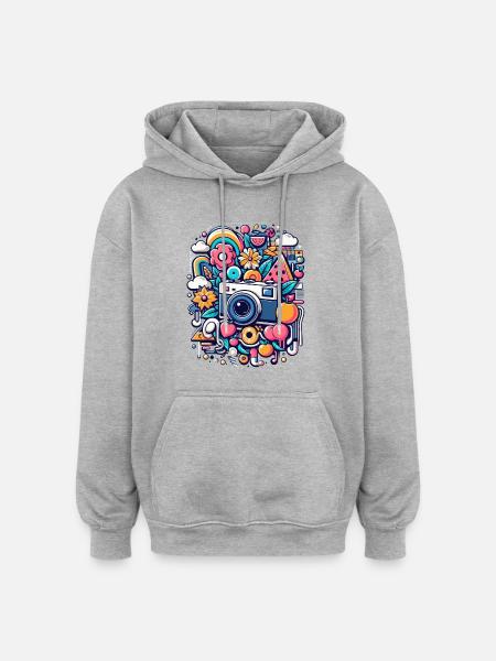 Bunte Collage mit Kamera - Oversized Unisex Hoodie - Grau meliert