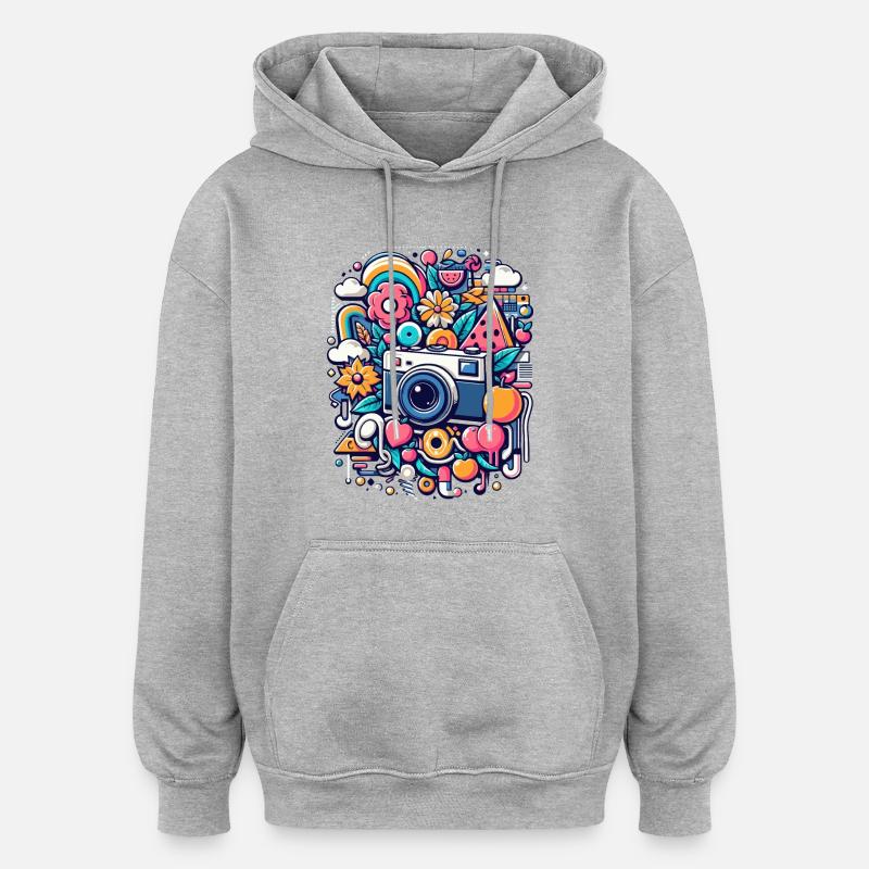 Bunte Collage mit Kamera - Oversized Unisex Hoodie - Grau meliert