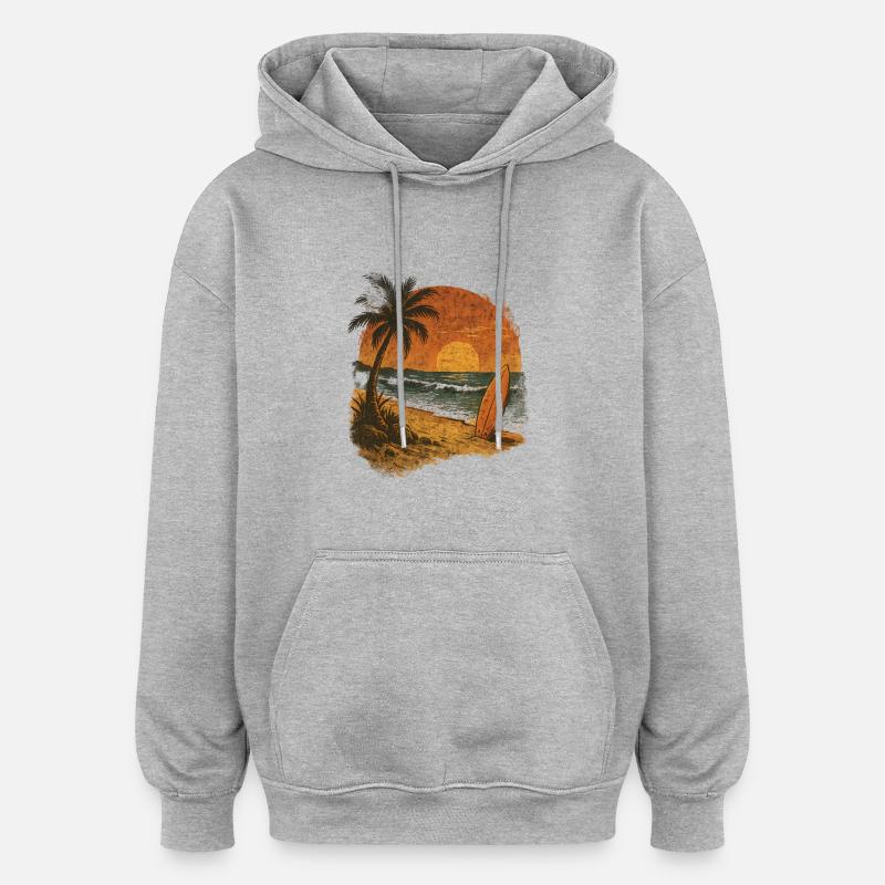 Palmier plage planche de surf - Sweat à capuche oversize unisexe - gris chiné