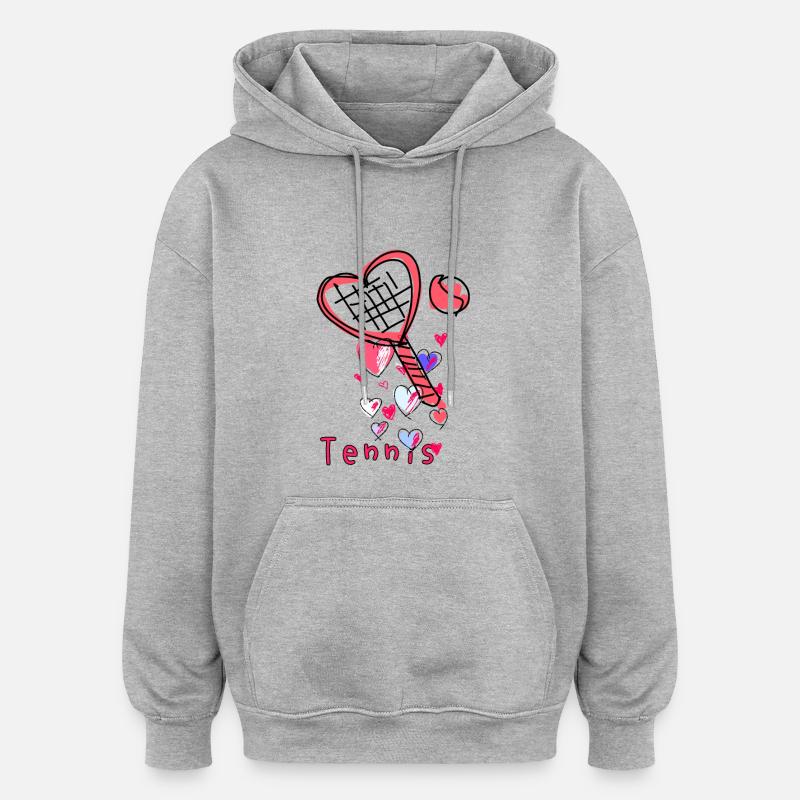Tennis, coeurs, illustration - Sweat à capuche oversize unisexe - gris chiné