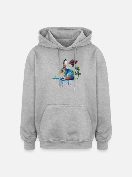 bunter Hase mit Klee - Oversized Unisex Hoodie - Grau meliert
