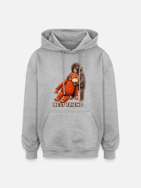 Viral meme-trend med Punch Monkey Baby 2026 - Oversized unisex-hettegenser - gråmelert