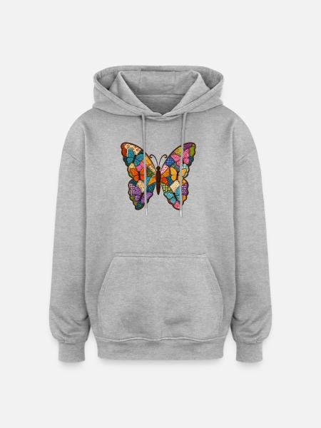 Patchwork Schmetterling Quilt Stil - Oversized Unisex Hoodie - Grau meliert